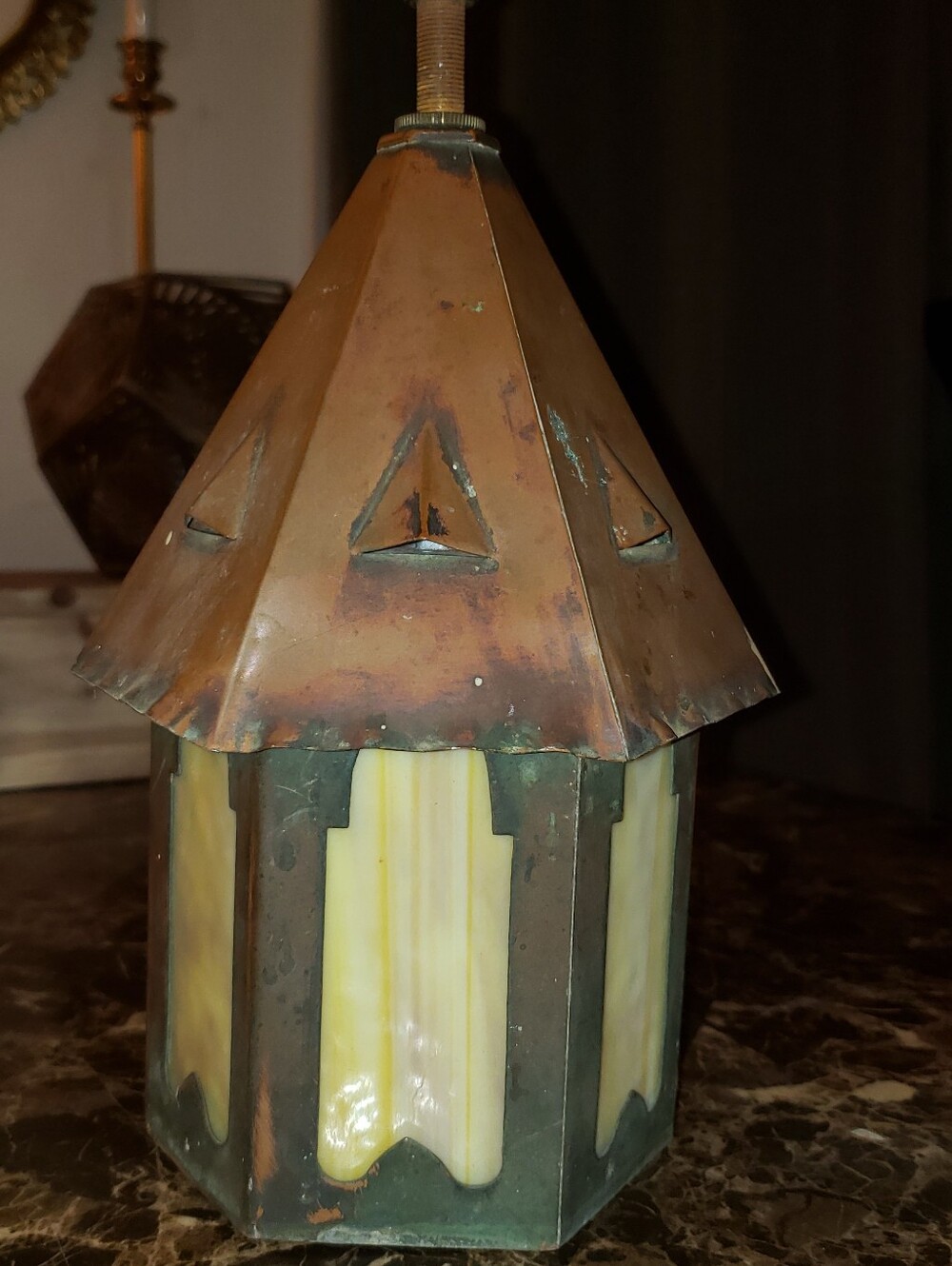 VTG/Antique Copper & Marble Stained Glass Lantern Style Slag Porch Light Fixture